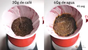 Colocamos 30 gramos de café y añadimos 60 gramos de agua por 45 segundos