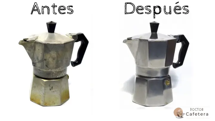 Antes y después de limpiar una cafetera italiana de aluminio