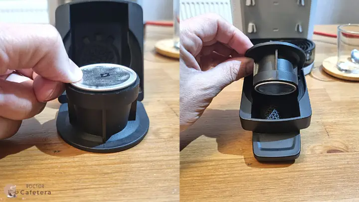 Press down with your thumb until the rim of the coffee pod meets the adapter