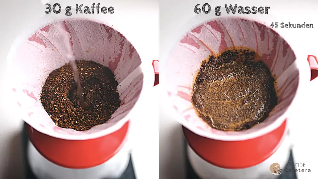 Geben Sie 30 Gramm Kaffee und 60 Gramm Wasser für 45 Sekunden hinein