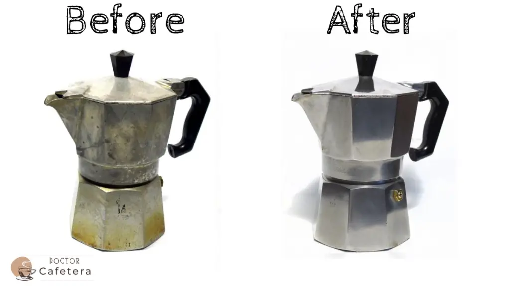The before and after cleaning of an aluminum Italian coffee maker